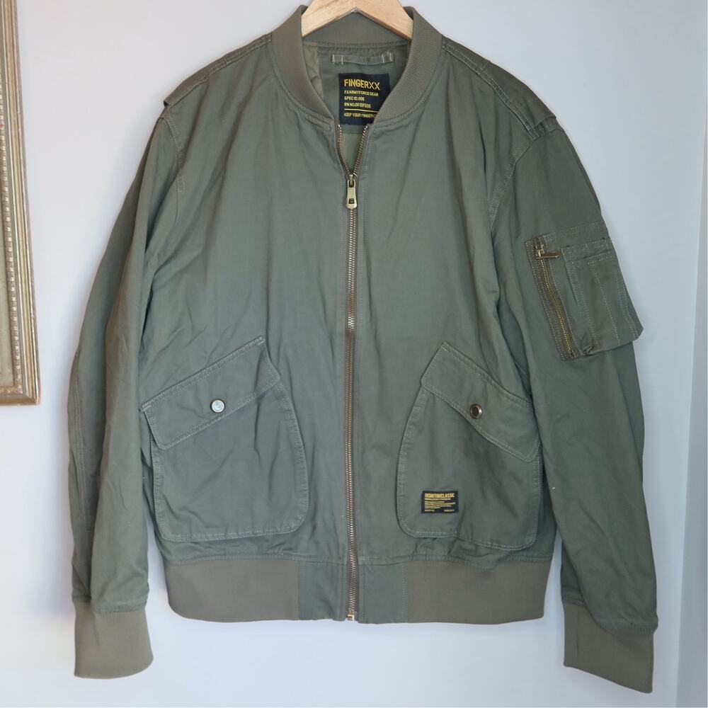 FingerXX Military Bomber Jacket Mens Olive Green Utility Flight Coat